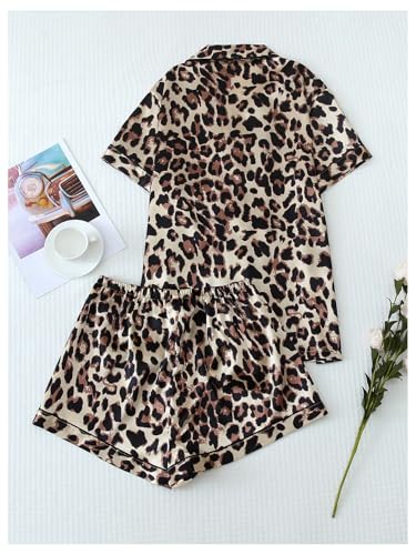 Image of SHENHE Women's 2 Piece Satin Pajama Set Leopard Short Sleeve Button Down Pj Shorts Set