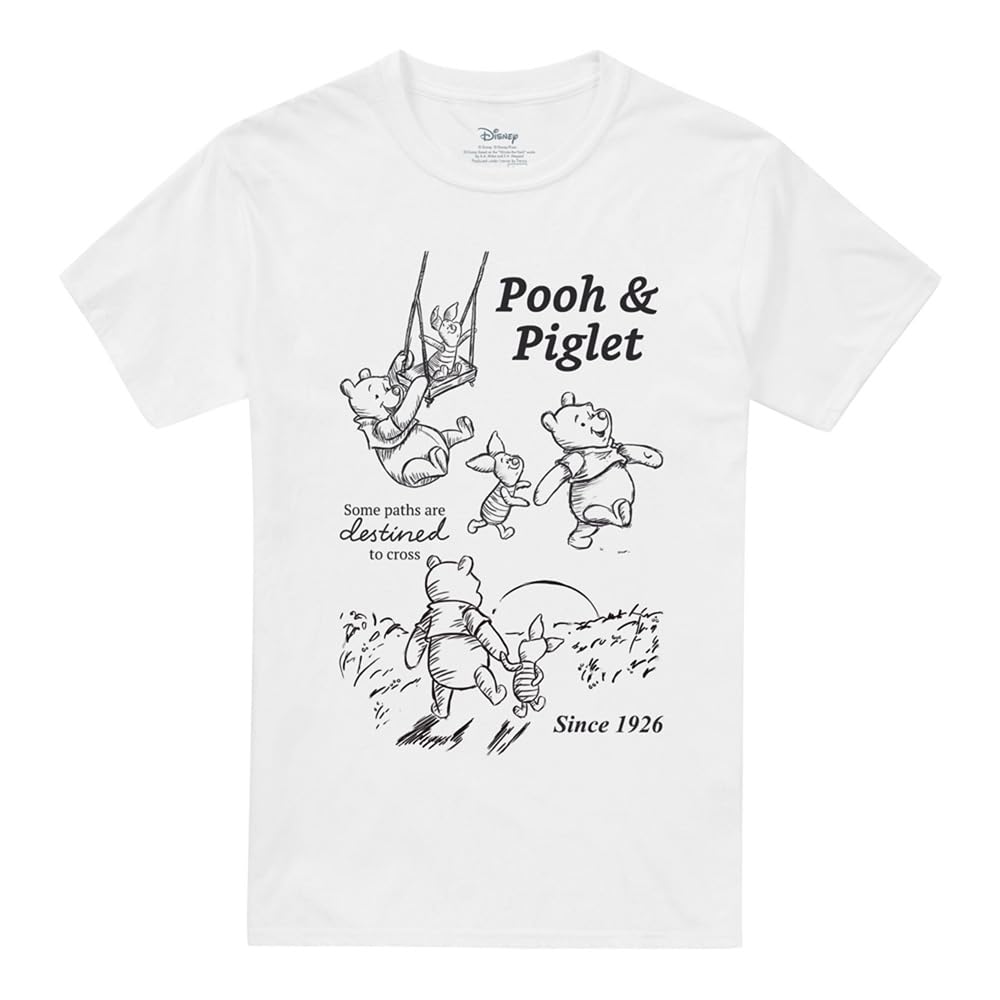 Disney Winnie The Pooh and Piglet Sketch Friendship Unisex T Shirt, White, Small