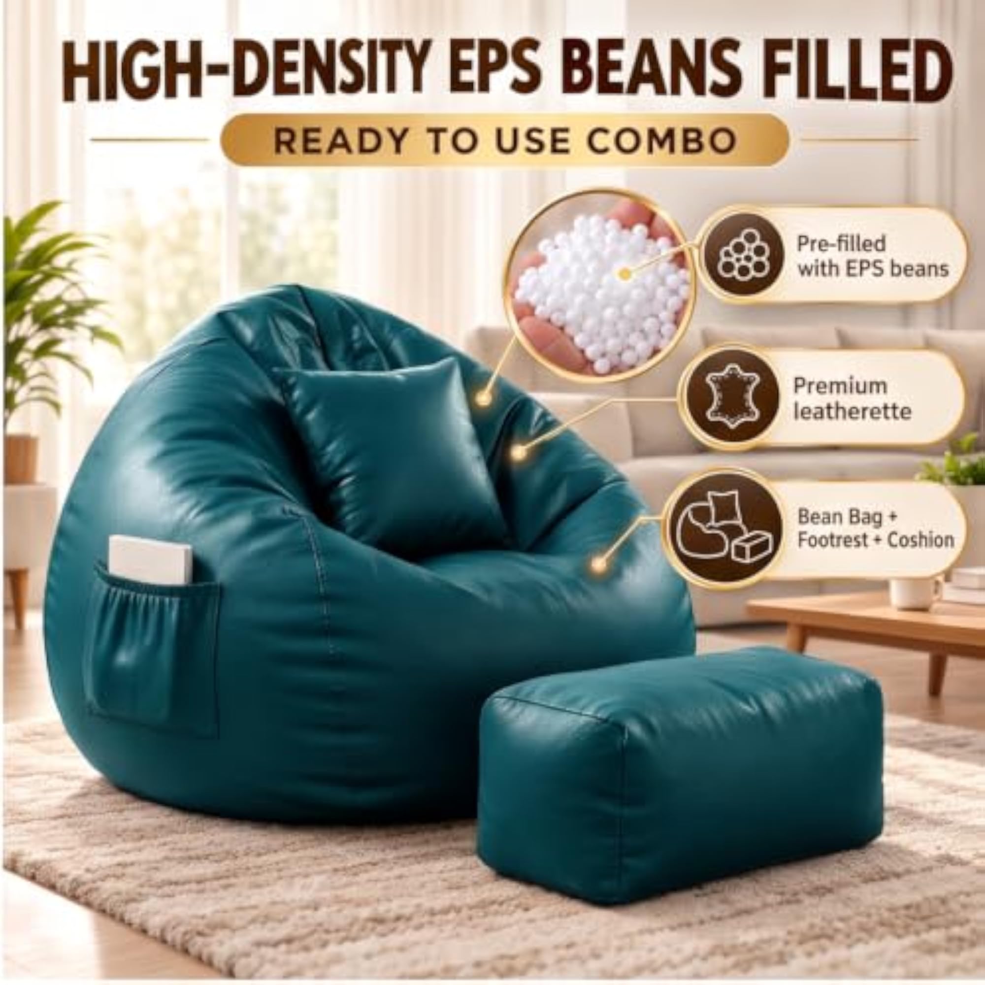 5XL Bean Bag Combo with Unique Footrest & Cushion, Filled