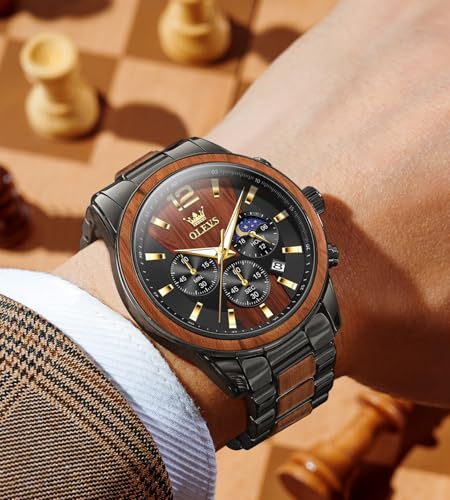Image of OLEVS Chronograph Watches for Men Original Analog Quartz Gold Silver Stainless Steel Metal Strap Blue Luxury Moon Phase Date Waterproof Branded Men's Wrist Watch