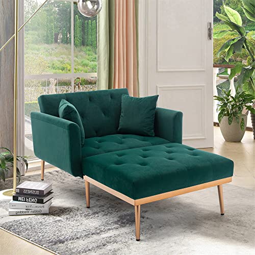 ONCIN Velvet Chaise Lounge Indoor Chair, Modern Tufted Sofa Convertible Recliner with Adjustable Backrest and 2 Pillows for Living Room, Bedroom, Office (Green), 62.2 inch Convertible Chaise