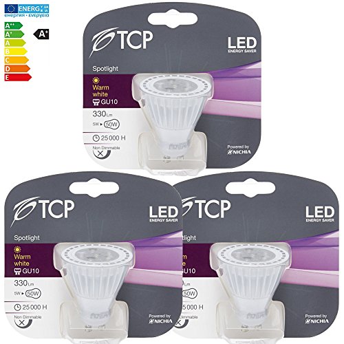 Allcam Pack of 3 TCP GU10 LED Bulbs - Warm White, Energy-Saving, Long-Lasting, Non-Dimmable Spotlight for Home and Office