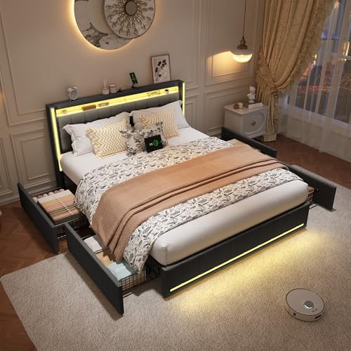 RTYUSWL Doppelbett 180x200cm,Polsterbett mit 4 Schubladen,LED-Beleuchtung und USB Ladefunktion,Bett 180x200 mit Bettkasten und...