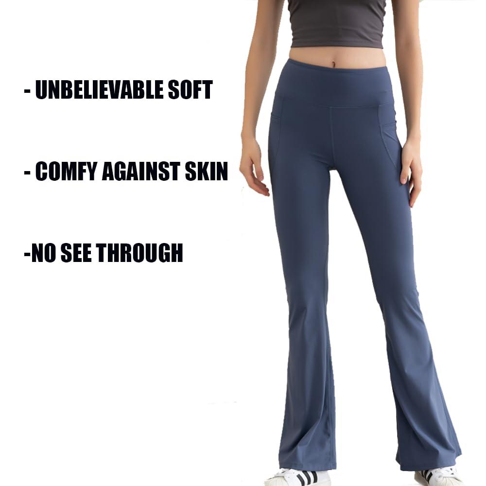 GMIFUN Flared Workout Yoga Pants Leggings for Women Elastic Waist Tummy Control Wide Leg Boot Cut Skinny Dress Pants(Blue,L)