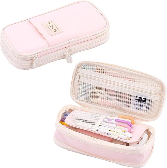 ECHSRT Large Capacity Pencil Case Pouch, Cute Aesthetic Big Capacity Zipper Pencil Cases Pen Portable Office Stationery Makeup Bag, Desk Organizer for College Adults Women Men (Pink)