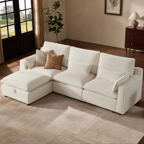 Image of WorthFurni Modern Modular Sectional Sofa,103 inch L Shape Minimalist Couch with Storage Ottoman,Comfty 4 Seat Sofa for Living Room,Beige Chenille