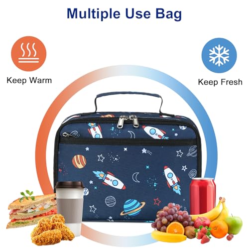 Image of Lunch Box for Kids Boys Insulated Lunch Bags Toddler Lunch Tote Bag Thermo Picnic Cooler Bag for School Children (Spaceship-Navy Blue)