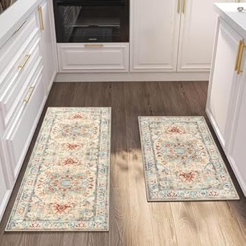 Cekene Vintage Carpet Runners for Kitchen Non-Skid Distressed Kitchen Rug Runner Machine Washable Short Pile Floor Mat for Entryway Bedroom Laundry Room(Beige,50x80cm+50x120cm)