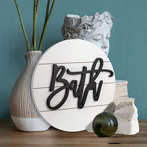 Modern Rustic 3D Bath Sign,Shiplap Farmhouse Bathroom Round Sign For Wall Hanging Decor, Handcrafted “Bath” Sign Home Wooden Sign (White) #TOP4