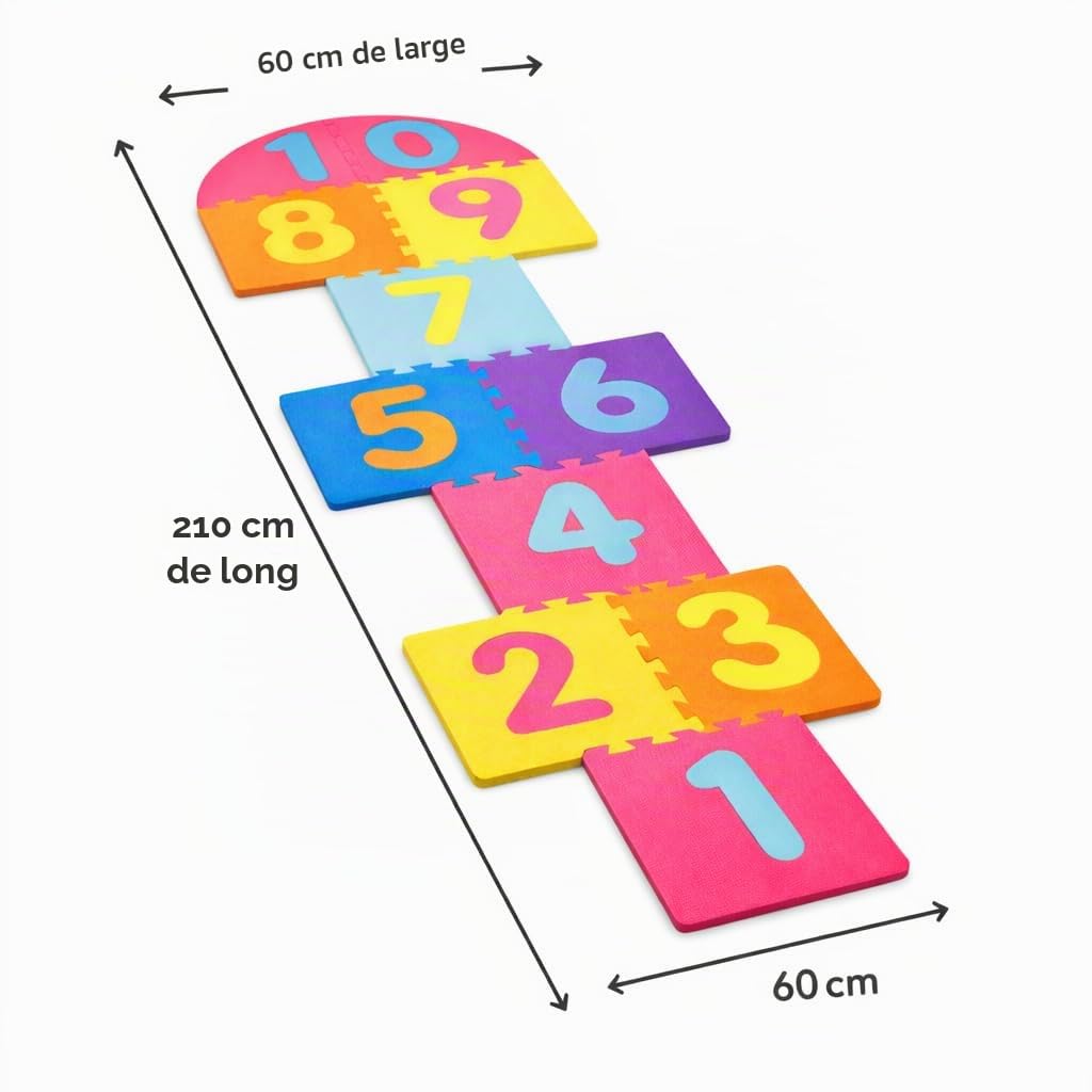 Jeu de marelle pour enfants – Tapis géant en mousse EVA – Ensemble de jeu de jardin intérieur et extérieur – 10 carreaux de chiffres emboîtables avec 4 palets – Jeu de fête familial rembourré doux