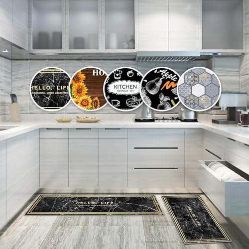 HSGLGNA Kitchen Rugs Runner Set of 2 Anti Fatigue Kitchen Floor Mat for Home Decoration Office Waterproof Non Slip Kitchen Rug Set Comfort Standing Mats (Black Marble - Image 2