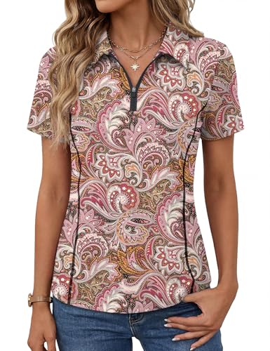 Lomon Women Polo Shirts 1/4 Zip Short Sleeve Collared Golf Shirt Summer Tee Moisture Wicking Collared Shirt (Red Paisley M)
