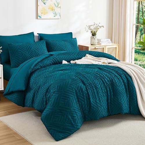 Image of Andency Oversized King Size Comforter Set 7 Pieces Teal - Bed in a Bag Oversized King Boho Lightweight Fluffy Tufted Bedding Sets with Comforter, Sheets, Pillowcases & Shams