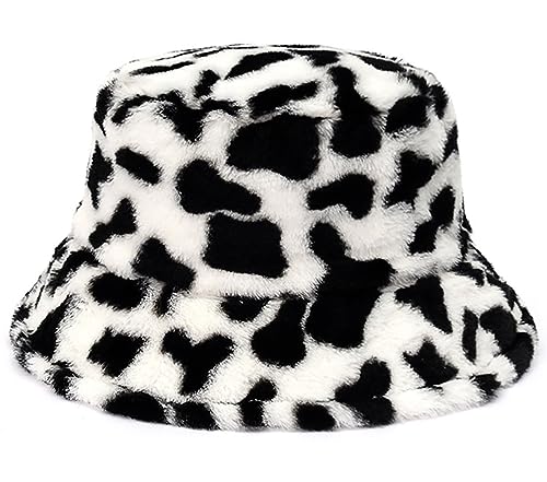 Malaxlx Winter Faux Fur Furry Cow Print Bucket Hat Fluffy Fuzzy Warm Hat Plush Fisherman Hat for Women Teens Girls