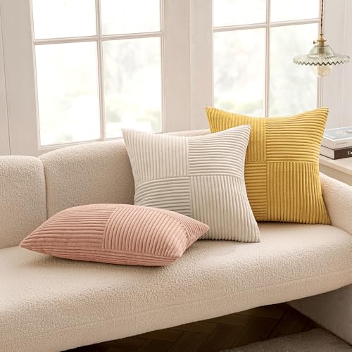 Image of MIULEE Golden Mustard Decorative Throw Pillow Covers 16x16 Inch for Couch Bed Sofa Pack of 2 Boho Farmhouse Throw Pillows Soft Cross Corduroy Patchwork Textured Cushion Cases