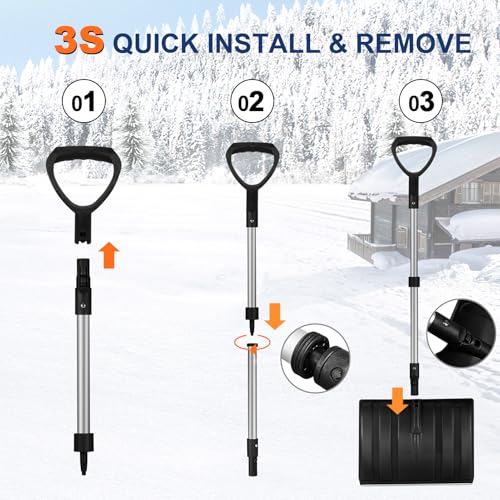 Ergonomic Large Snow Shovel for Driveway: 48-Inch Dual-Lock Knob Anti-Wobble Handle, 16\" Plastic Blade w/Metal Edge, Ultra-Light 1.9 lb, Portable Aluminum Shaft, Car, Camping & Emergency, Black