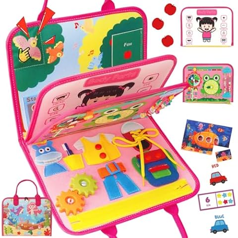 MidiVix Busy Board for 1 2 3 4 Year Old Toddler, Montessori Educational Sensory Toys Kids Travel Quiet Book Plane Car, Gifts for Boys Girls, Preschool Learning Activities Fine Motor Skills (Pink) Cover