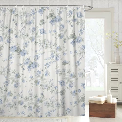 NAEMBCU Fabric Shower Curtain with Hooks, Waterproof & Washable, Polyester, Light Blue Floral Shower Curtains for Bathroom, Farmhouse Rustic Cottage Core Flower Decorative Bathroom Curtain, 71x74 Inch by NAEMBCU - Used condition - Image 8