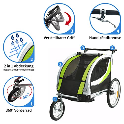 Tiggo Kinderanhänger mit Federung Jogger 2 in 1 Kinderfahrradanhänger Fahrradanhänger Anhänger GRÜN