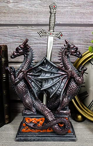 Ebros Gift Fantasy Gothic Twin Dragons Guardian of The Celtic Rune Sword Figurine Base Holder with A Blunt Blade Dagger Letter Opener Home and Office Decorative Sculpture Medieval Legends
