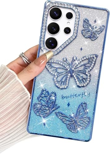 Image of Elzzi Electroplated Butterfly Phone Cover for Samsung S25 Ultra Case, Showcasing Pearlescent Diamond Soft TPU, Camera Protection, Shockproof, Dropresistant Stylish for Girls & Women (Blue)