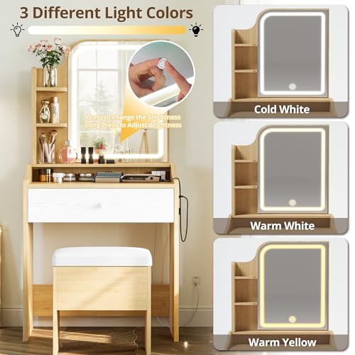 LIKIMIO Small Makeup Vanity Desk with Mirror and Lights, Vanity Table Set with Storage Drawer, Chair and Three Shelves, Bedroom, Wood