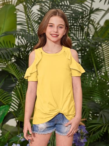 Image of BesserBay Girls Cold Shoulder Tops Twist Front Tunic Ruffle Sleeve Summer Blouses 5-14 Years
