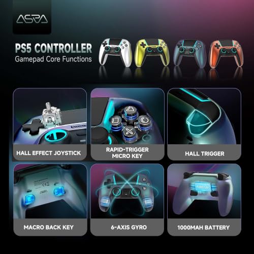 Image of ASRVA Chrome Blue Wireless Pro Controller for PS5,4 Back Buttons,Hall Effect Joystick(No Drift),Micro-Switch,Gyro,Macro,1000mAh,RGB,Compatible with PS5 /Pro /Slim /PC /iOS /Android