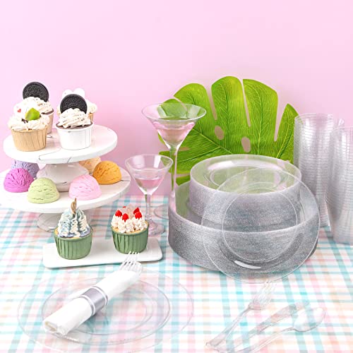 Dayammi 350 Pieces Silver Glitter Dinnerware Set 50 Guest For Party- 50 Dinner Plates, 50 Dessert Plates- 50 Per Rolled Napkins With Silver Cutlery- 50 Disposable Cups 9 Oz #TOP3