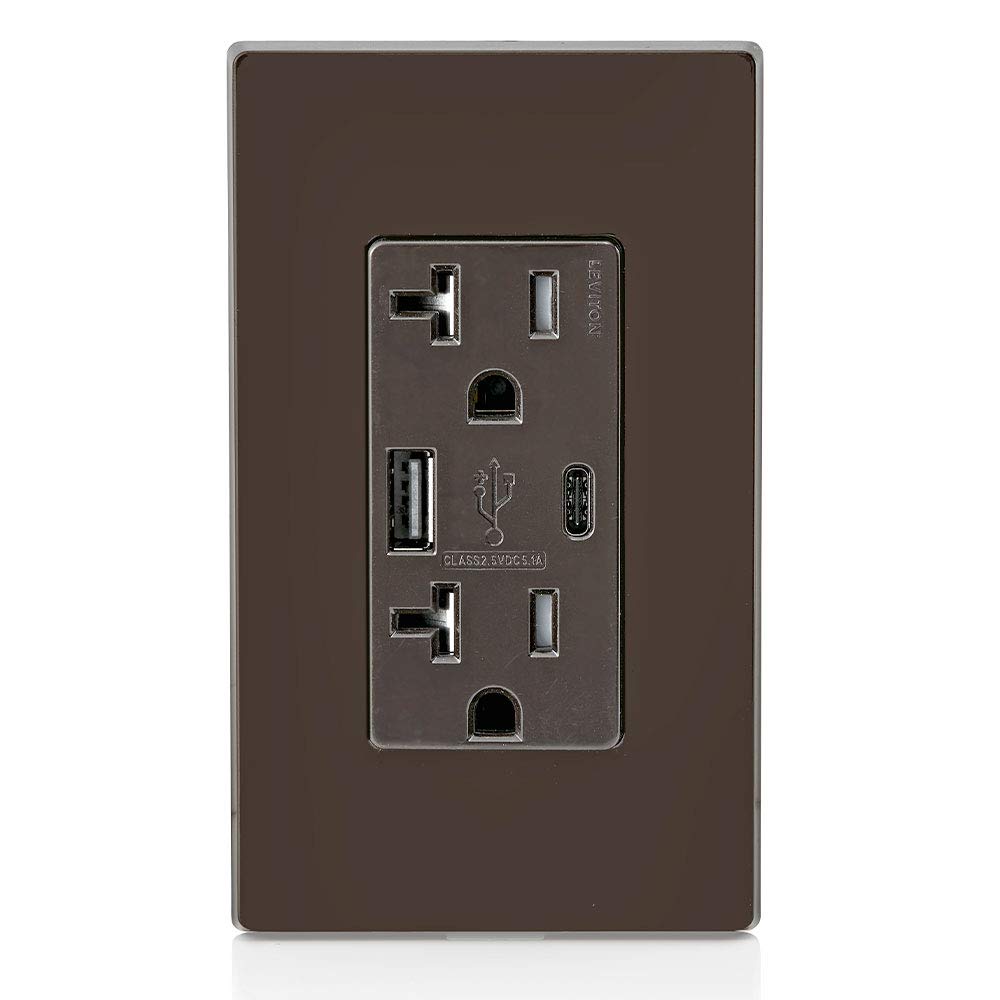 Leviton Type A & Type-C USB In-Wall Charger with 20A Tamper-Resistant Outlet, USB Charger for Smartphones and Tablets. Not for Laptops, T5833-B, Brown