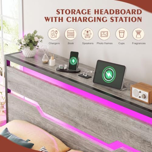 Image of Homkdom Metal Queen Bed Frame with LED Storage Headboard & USB Ports Grey | Underbed Storage for Saving Space, Noise-Free Quiet Sleep Setup for Master Bedroom, Couples & Modern Apartments