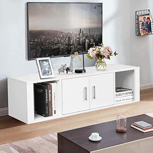 Giantex Wall Mounted Storage Cabinet 2 Cube Floating Media Hanging Desk W/2 Doors And 2 Open Shelves, Home Office Furniture For Kitchen, Bathroom, Living Room Floating Console Hutch (White) #TOP5