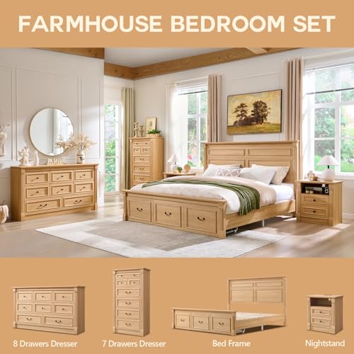 Image of Aitjunz 26 inch Tall 2 Drawers Dresser for Bedroom, Farmhouse 23.6 inch Wide Large Nightstand with Charging Station, Wood Rustic Side Table w /Roman Column, End Table for Bedroom, Living Room, Natrual