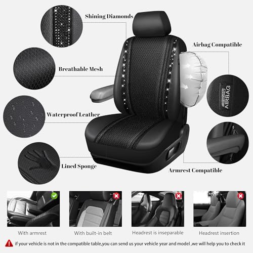 Image of CAR PASS Memory Foam 3D Mesh Bling Diamond Car Seat Cover Full Set Breathable Soft Sponge Universal Shining Glitter Sparkly Crystal Armrest Fit Automotive Truck SUV Cute Women Girl, Black Rhinestone