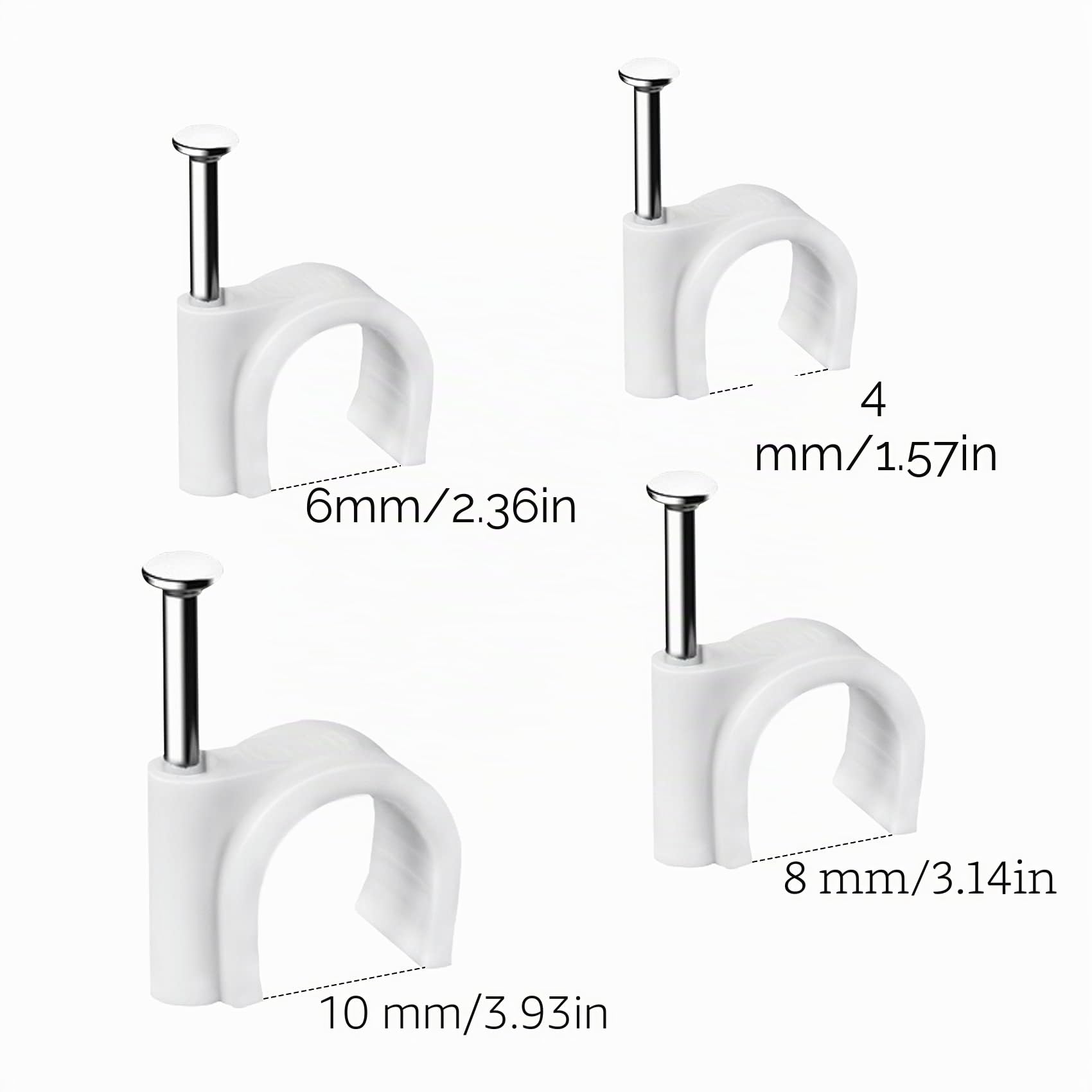 Fermacavi Muro, 400 Pezzi Fermacavo con Chiodo, Bianco Rotondi Graffette Clip per Cavi, Fascetta per cavi Fixpoint, 4 mm 6 mm 8 mm 10 mm