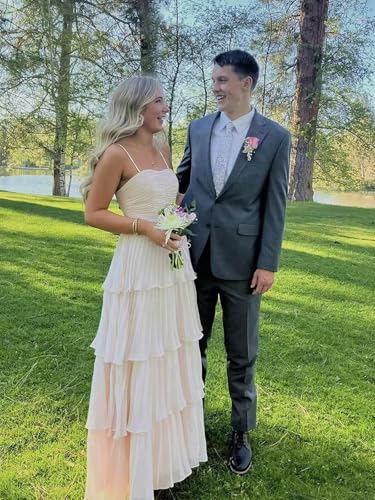 Chiffon Tiered Ruffle Bridesmaid Dresses for Women Long Spaghetti Straps Pleated Formal Evening Party Gown4