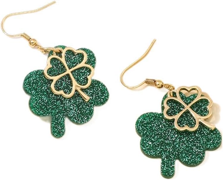 St. Patrick's Day Earrings for Women,Irish Shamrock Earrings Acrylic Four Leaf Clover Dangle Earrings Luck Irish Green Hat Clover Horseshoe Earrings St. Patrick's Day Accessories Good Luck Earrings Jewellery