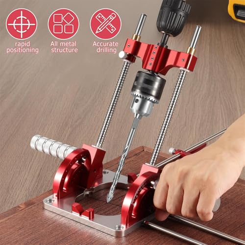 Portable Self-Centering Drill Guide - 0 to 60 Angle Adjustment, Multi-Angle Guide w/Protractor, Includes Chuck Key, For Woodworking & Furniture