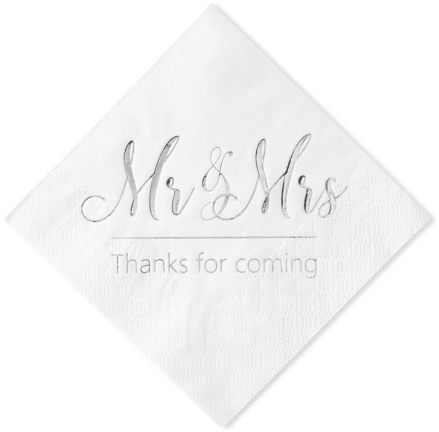 Crisky Wedding Napkins Mr Mrs Silver Cocktail Beverage Dessert Napkins for Tabel Decoration Engagement Party Supplies, 100 Pcs, 3-Ply