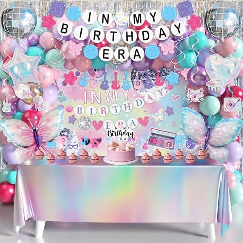 In My Birthday Era Decorations Music Birthday Decorations Popular Singer Theme Party Supplies for Girls Pink Purple Balloon Arch Friendship Bracelet Garland Backdrop Cake Toppers Hanging Swirls