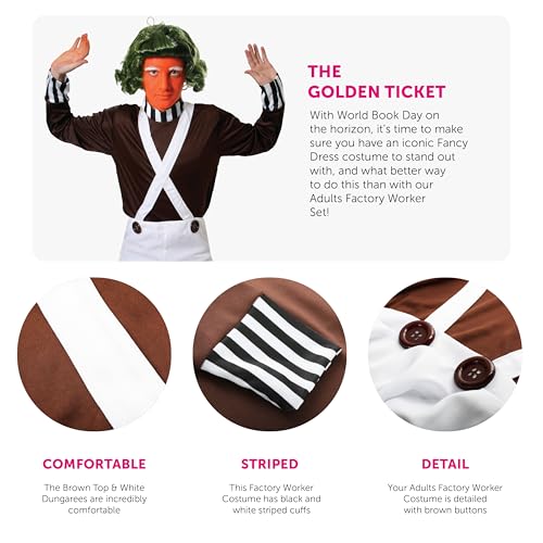 Mens Chocolate Factory Worker Costume - X-Large - Brown Top, White Dungarees, White Gloves and Green Wig - Adults Book Week World Book Day Fancy Dress Costume