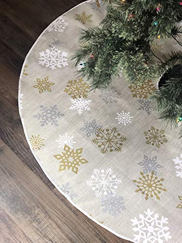 Celebrate A Holiday Christmas Tree Skirt - Premium Quality 50 Inch Diameter Golden, White And Silver Snow Flake Pattern For A Warm Traditional Look - Perfect Compliment To Your Christmas Decorations #TOP2