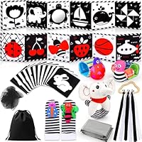 Perbabe Baby Sensory Toys, 31 PCS Black and White Sensory Toys 0-12 Month Newborn Toys with Black&Red Baby Book, Sensory Cards, Ribbon Ring, Babys Socks, Babys Wrist, Tummy Time Toy for Baby Gifts