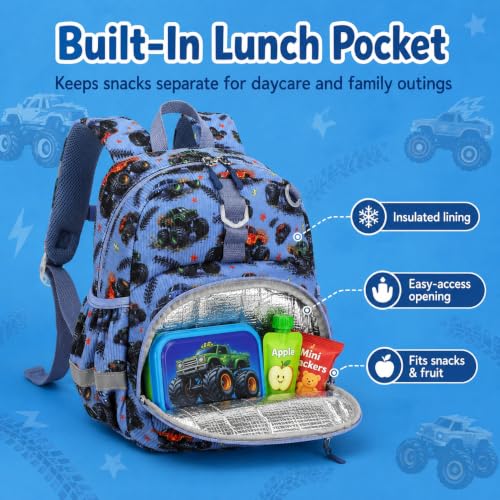 Image of LOIDOU Kids Backpack for Boys, 12 Inch Mini Bookbag with Insulated Pocket | Toddler Preschool Daycare Corduroy Small Travel Backpack with Chest Strap Ages 2-4, Blue Car