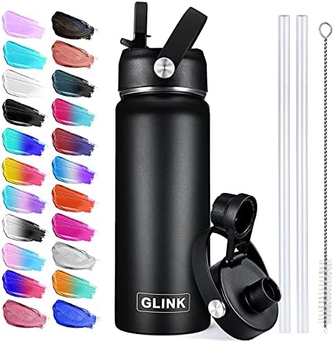 Glink Stainless Steel Water Bottle with Straw, 32 oz Wide Mouth Double Wall Vacuum Insulated Water Bottle Leakproof, Straw Lid and Spout Lid with New Rotating Rubber Handle