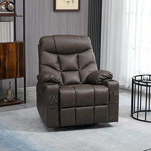 HOMCOM Manual Recliner Chair, Overstuffed PU Leather Recliner Armchair with Footrest, Cup Holders, Side Pockets, 360° Swivel for Living Room Bedroom, Dark Brown