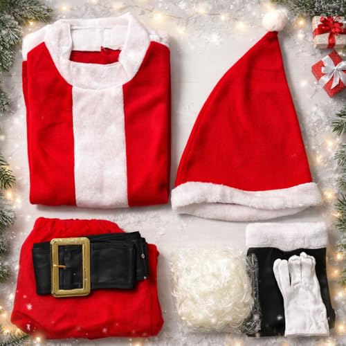 Foxxeo 9-teiliges Weihnachtsmann Nikolauskostüm Kostüm für Herren Mit - Mütze, Bart, Gürtel und Handschuhe, Gr.-L, Rot-Weiß