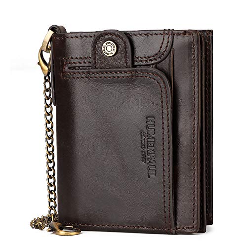 gzcz Mens Wallets with Chain Genuine Leather Bifold Wallet for Mens Rfid Blocking Mens Purse With Credit Card (Coffee)