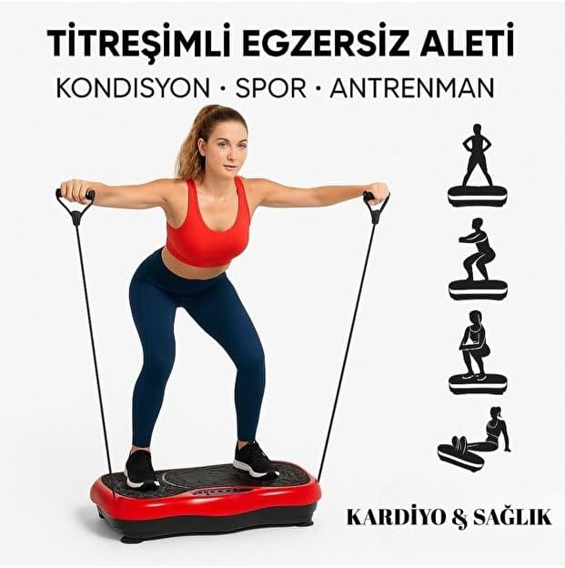 SMAYLİNG Titreşimli Fitness Plate Platformu 120 Seviyeli - Tüm Vücut Egzersiz Aleti - Kilo Verme ve Sıkılaşma İçin -Bluetooth & USB Müzik - LED Ekranlı, Uzaktan Kumandalı, Loop Direnç Bantlı (KIRMIZI) - Görsel 2