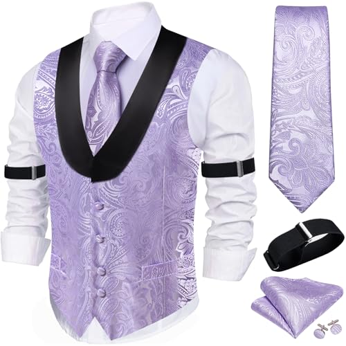Image of Barry.Wang Mens Silk Lapel /Shawl Collar Vest Tie Sleeve Holder Set Formal /Casual Paisley Vests Wedding Tuxedo Waistcoat